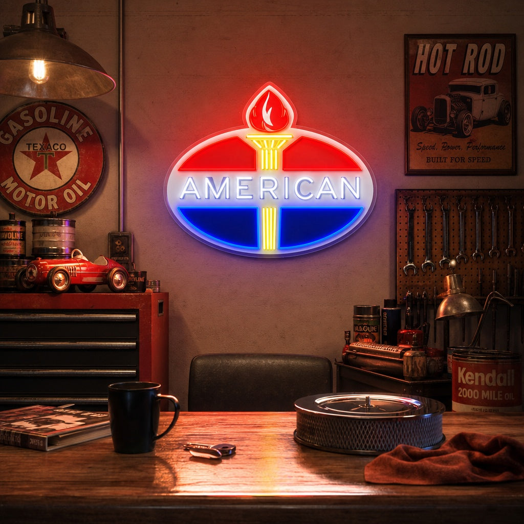 "Amerikkalainen bensiini -logo" UV-tulostettu LED-neonkyltti