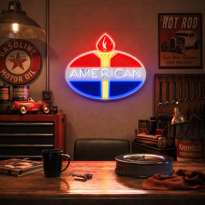 "Amerikkalainen bensiini -logo" UV-tulostettu LED-neonkyltti