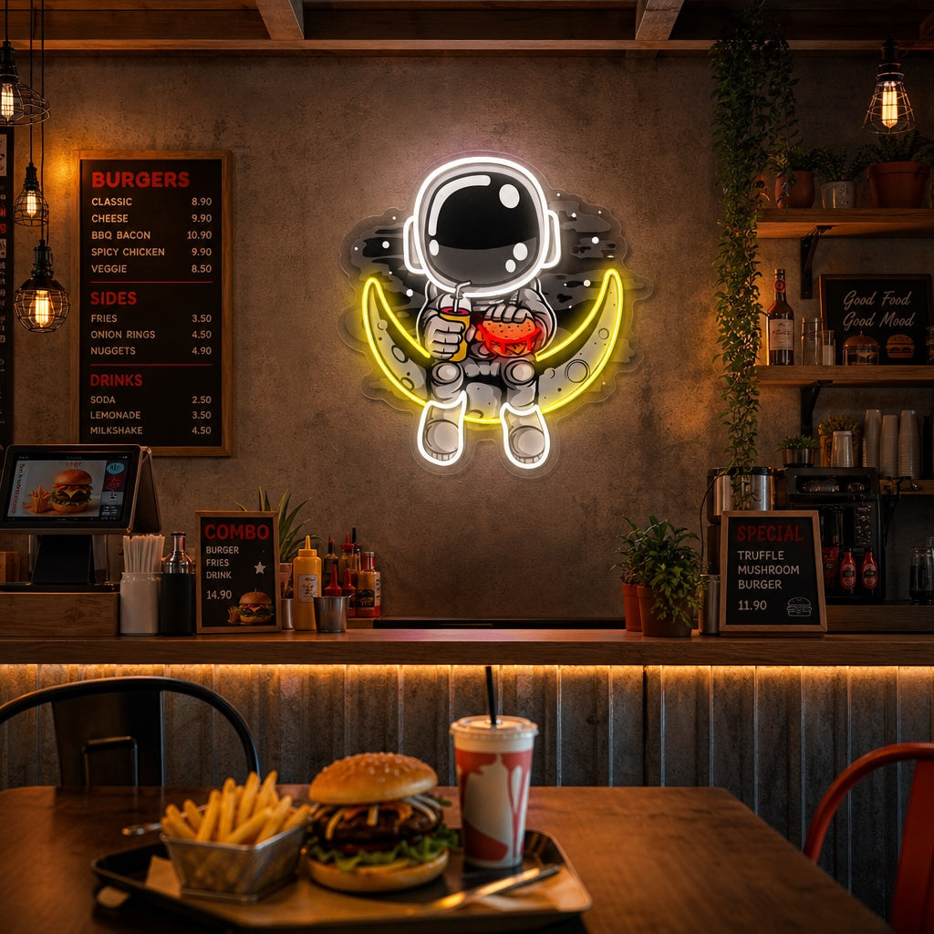 "Astronaut -kuun hampurilainen, pikaruoka -logo" UV-tulostettu LED-neonkyltti