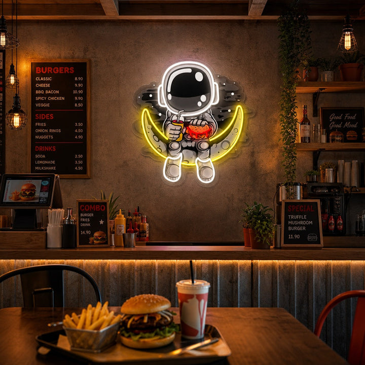 "Astronaut -kuun hampurilainen, pikaruoka -logo" UV-tulostettu LED-neonkyltti