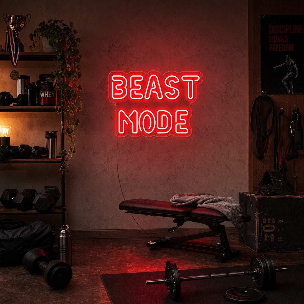 "Beast Mode, Kuntosali Sisustus, Kuntosali Lainauksia, Fitness Lainauksia, Workout Lainauksia" Neonkyltti