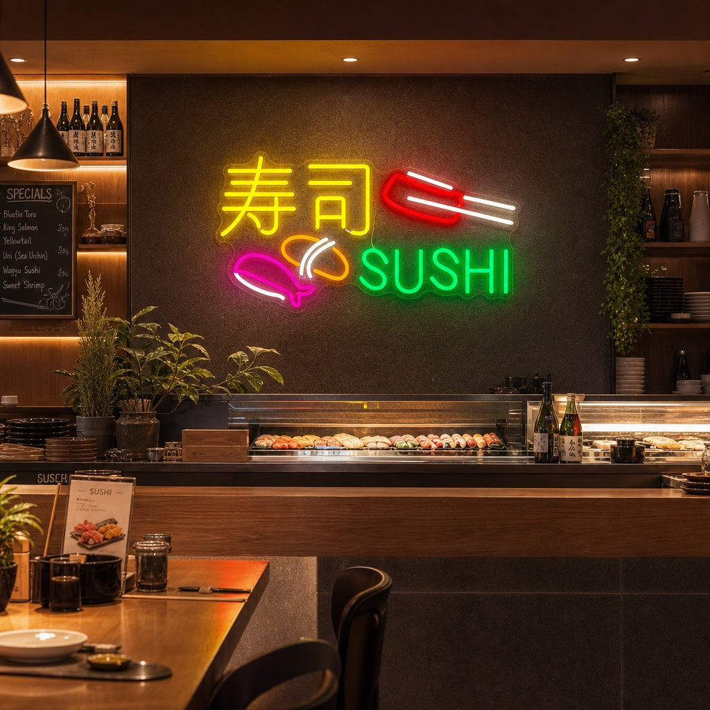 Sushi ja Sashimi Neonkyltti, Japanilainen ravintola sisustus