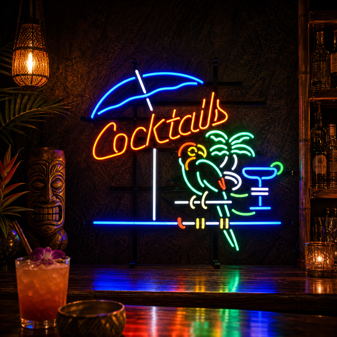 "Cocktails, Papukaija, Cocktail" Neonkyltti