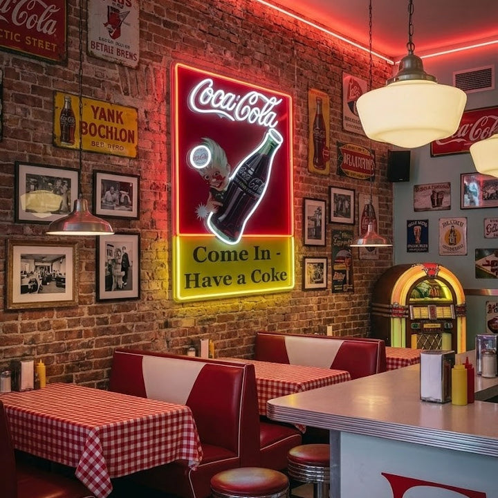 "Come In Have A Coke, juomakaupan logo" UV-tulostettu LED-neonkyltti