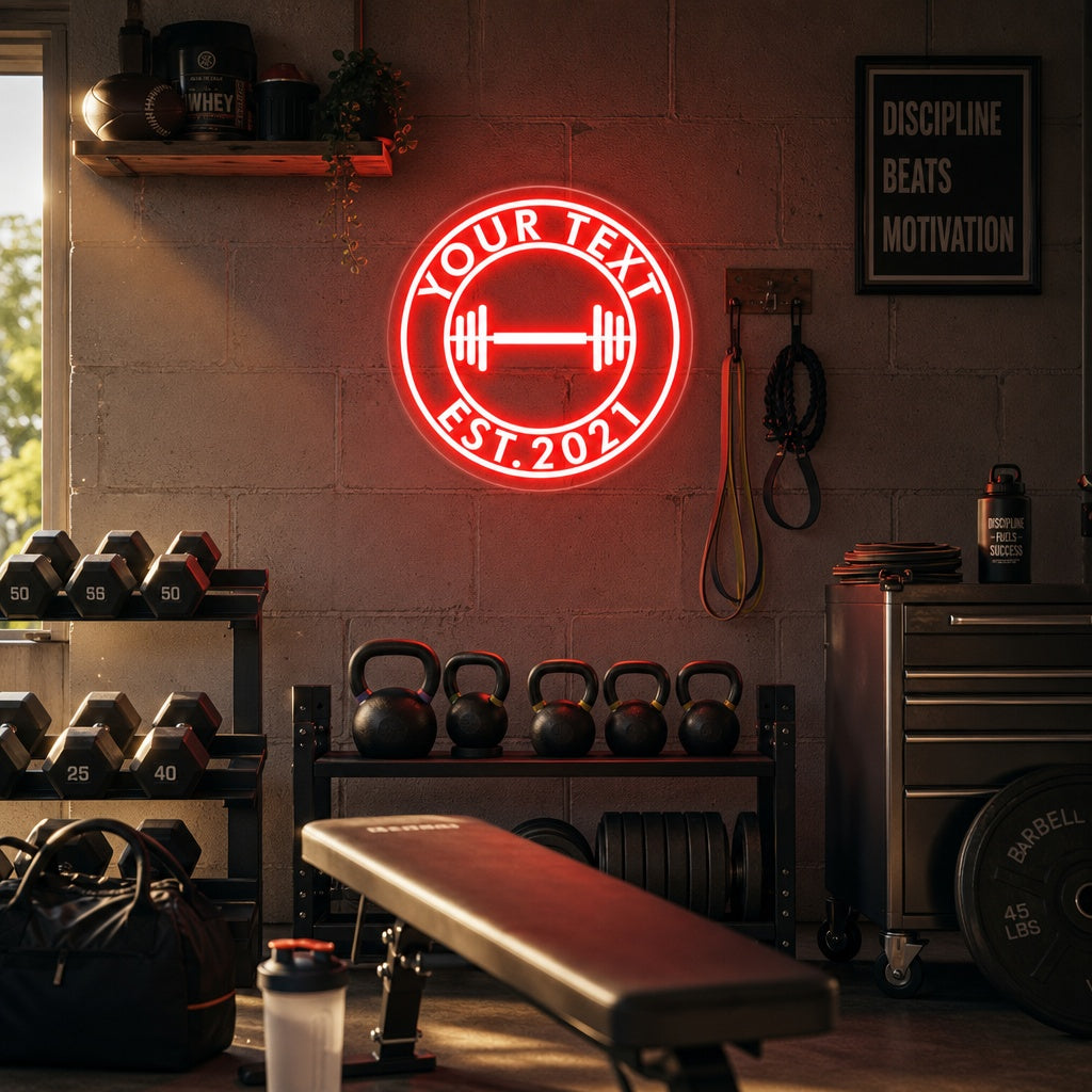 "Your Text, Custom Fitness, Custom Kuntosali" Neonkyltti