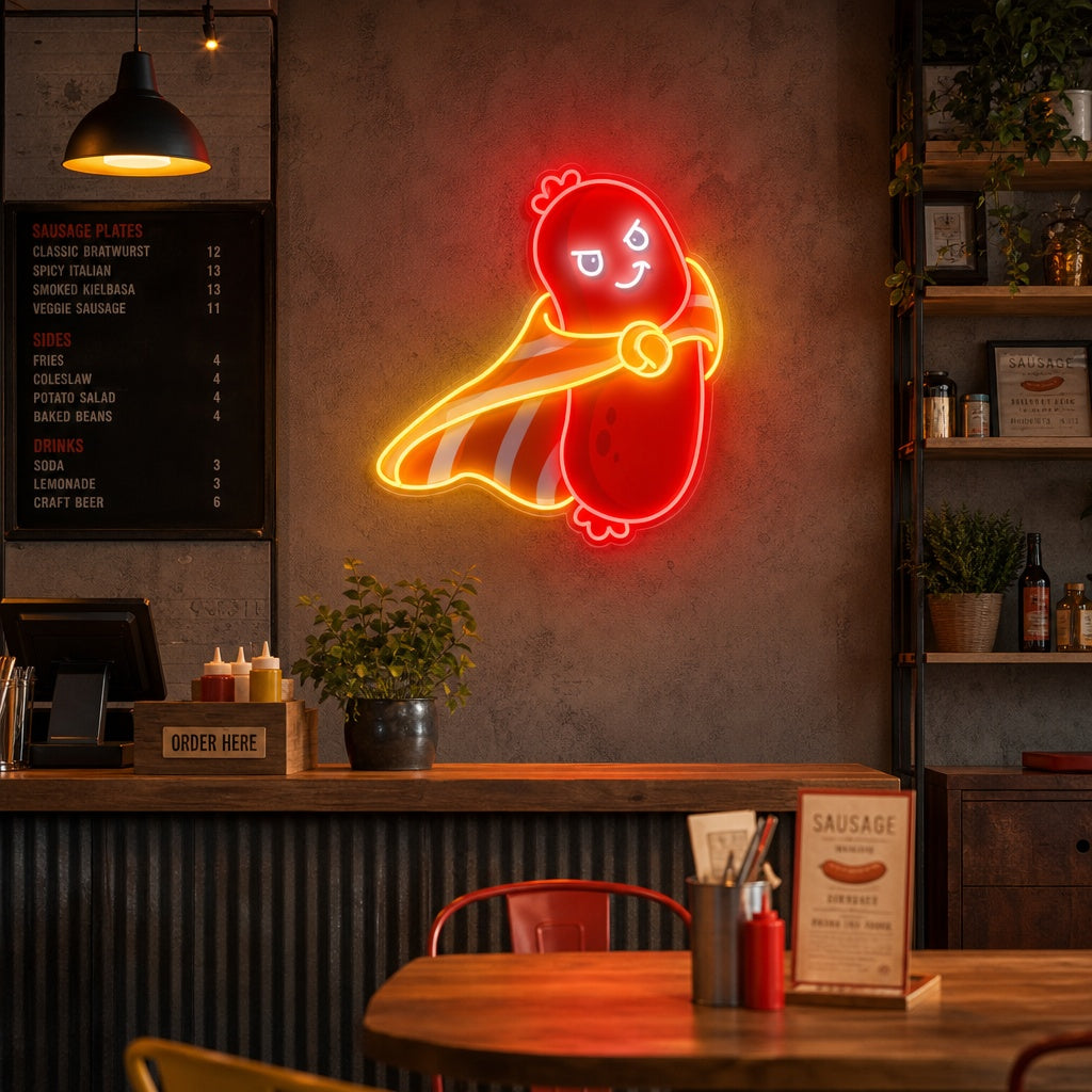 "Söpö makkara supersankari, ruoka, ravintola" UV-tulostettu LED-neonkyltti