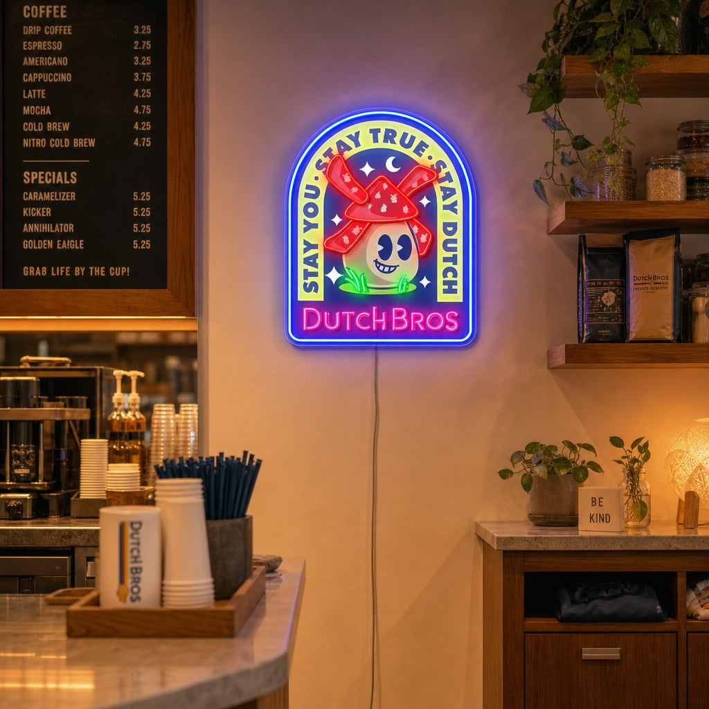 "Dutch Coffee, tuulimylly" UV-tulostettu LED-neonkyltti