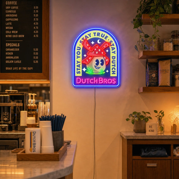 "Dutch Coffee, tuulimylly" UV-tulostettu LED-neonkyltti