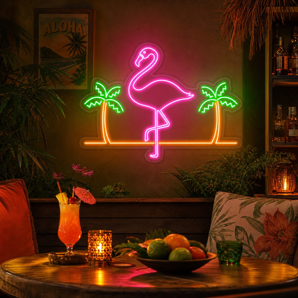 "Flamingo, Palmupuut, Baari" Neonkyltti