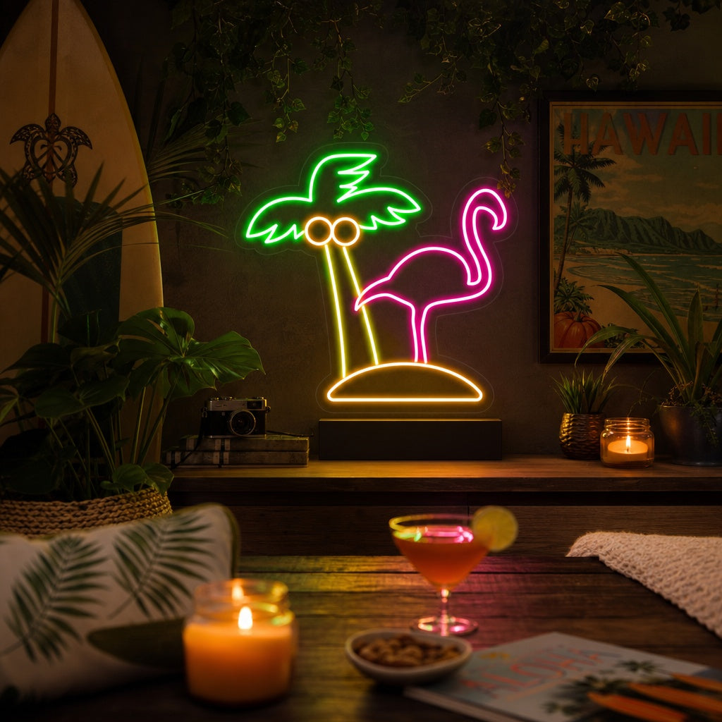 "Flamingo, Palmupuu, Ranta" Neonkyltti