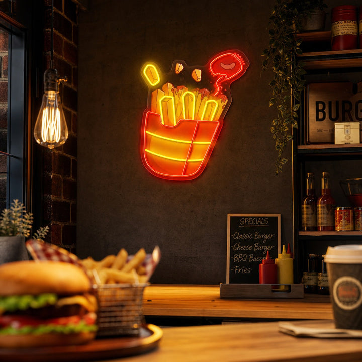"Ranskalaiset perunat chilikastikkeella, pikaruokalla" UV-tulostettu LED-neonkyltti