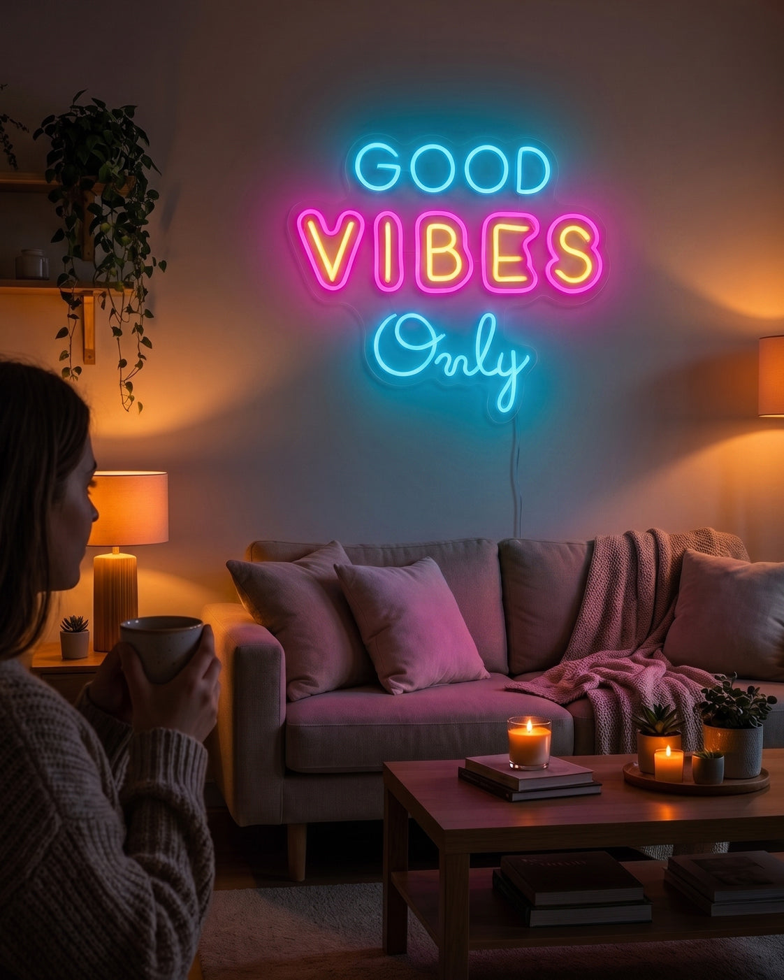 Lämmin olohuone, jossa seinällä loistaa Good Vibes Only -neonkyltti.