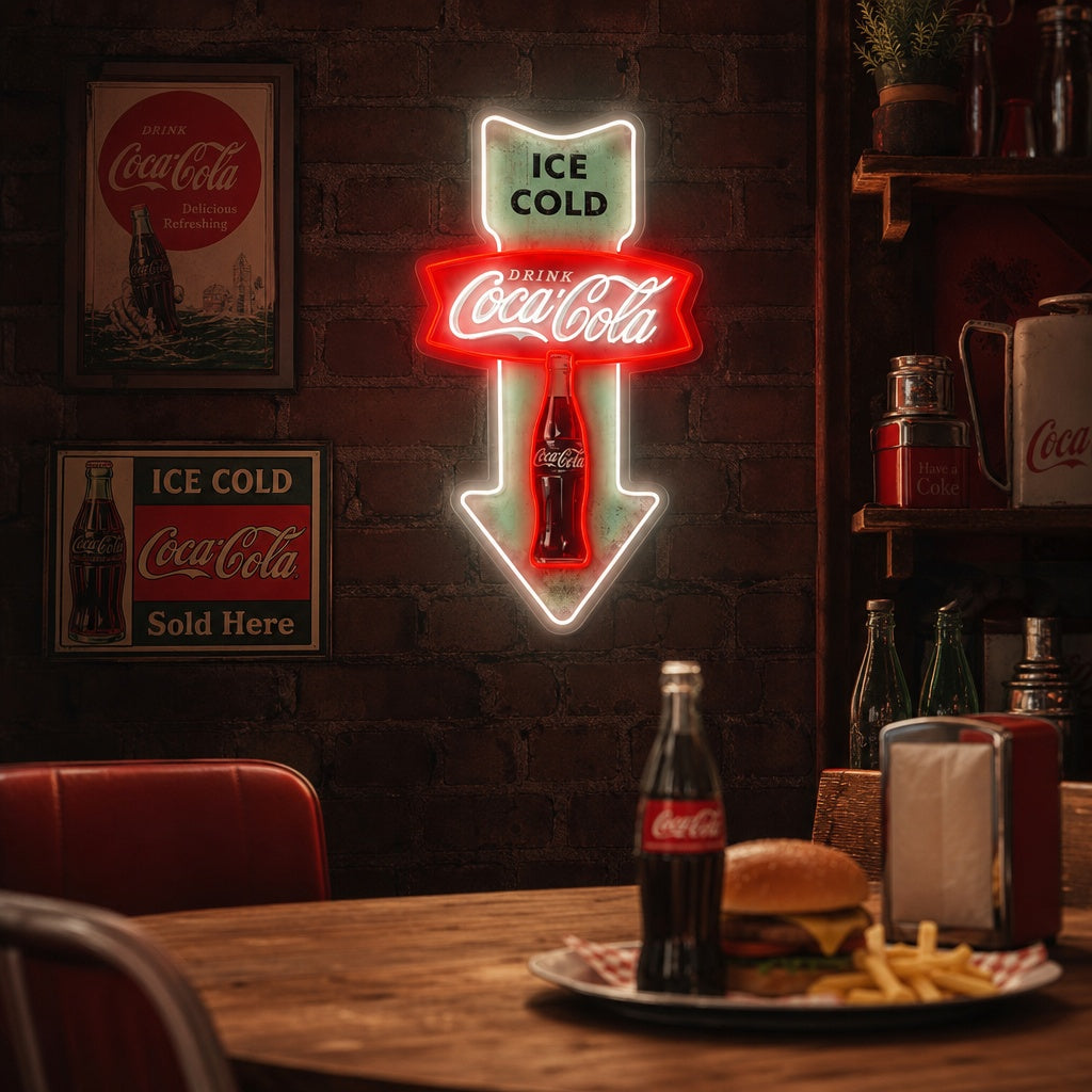 "Ice Cold Coca Cola, vintage -ruokasali nuoli" UV-tulostettu LED-neonkyltti