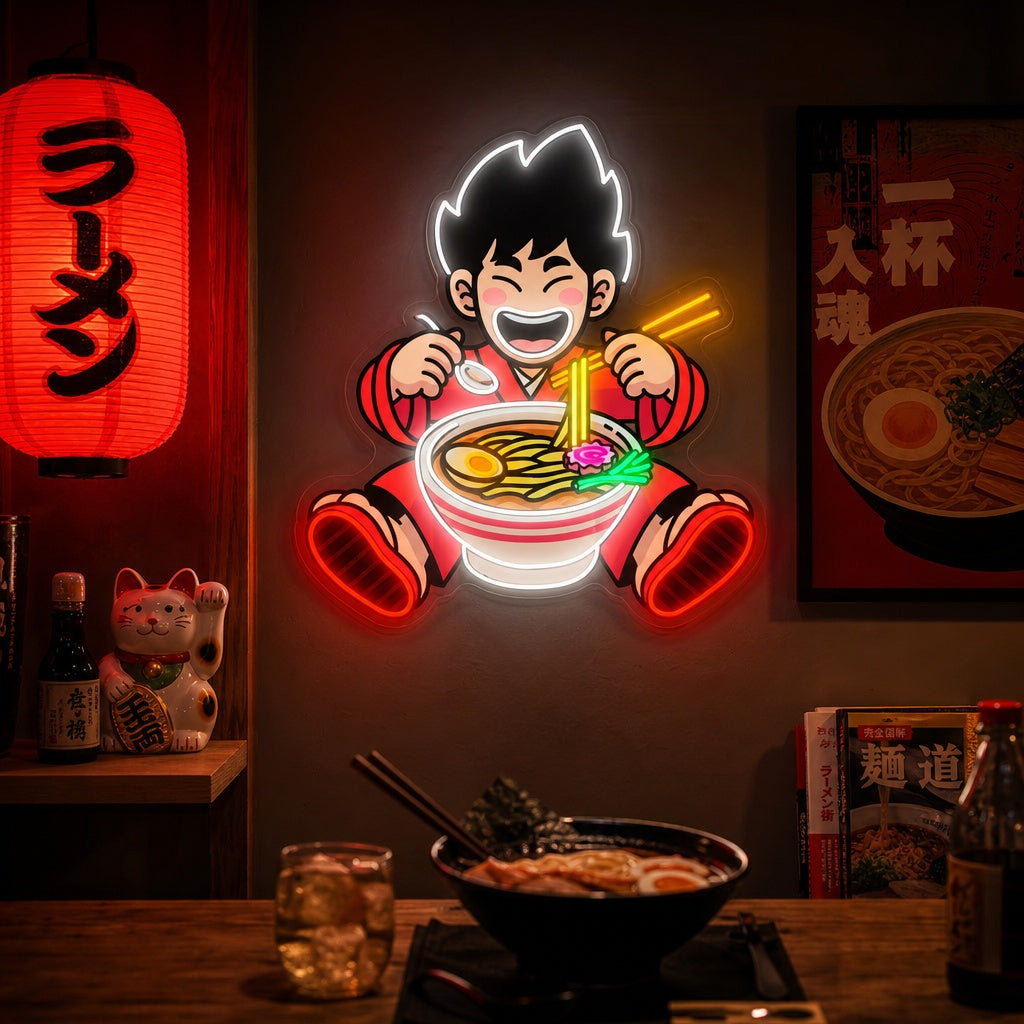 Poika ja Ramen Noodle Neonkyltti, Japanilainen ravintola sisustus