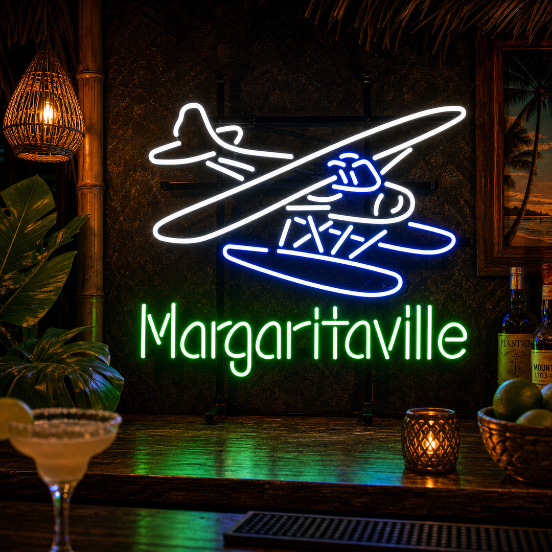 "Jimmy Buffett Margaritaville Lentokone Olutta" Neonkyltti
