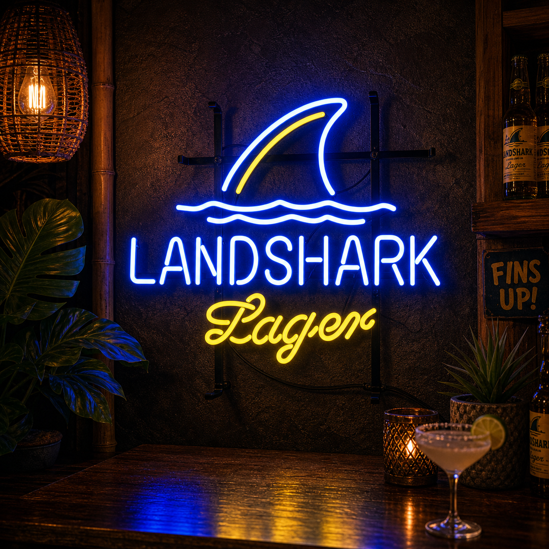 "Shark Lager Olut Baari" Neonkyltti