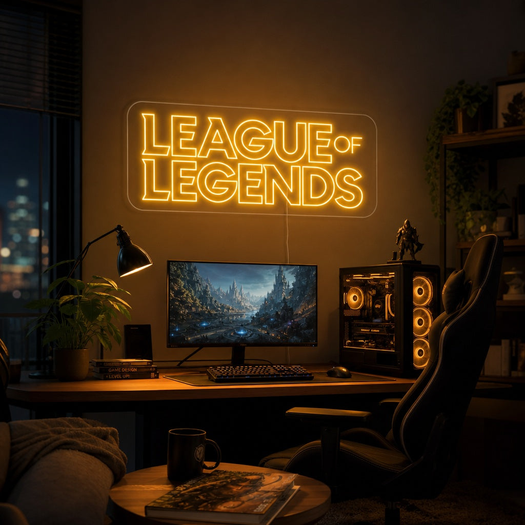 "League of Legends, Pelihuoneen Sisustus" Neonkyltti