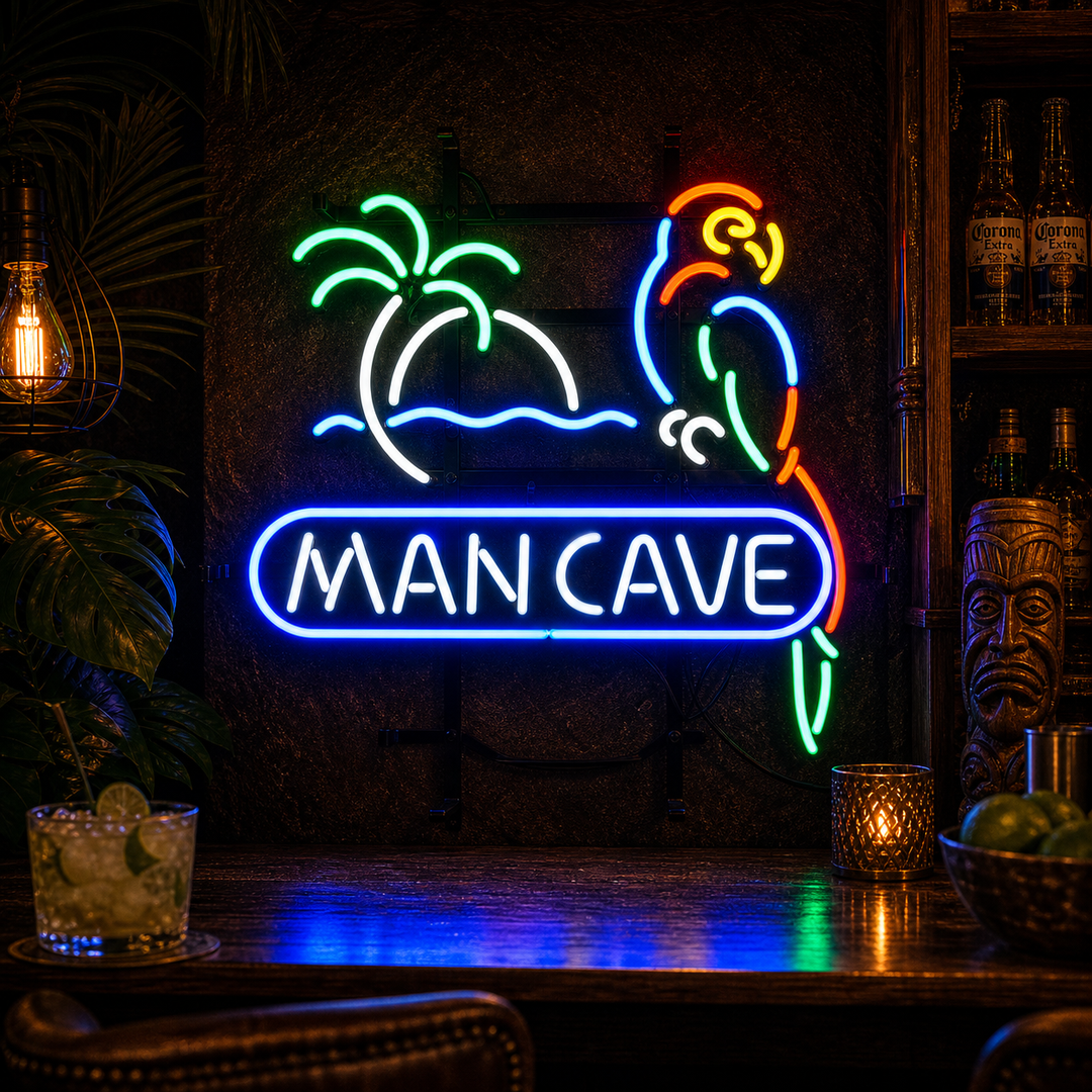 "Man Cave, Papukaija" Neonkyltti