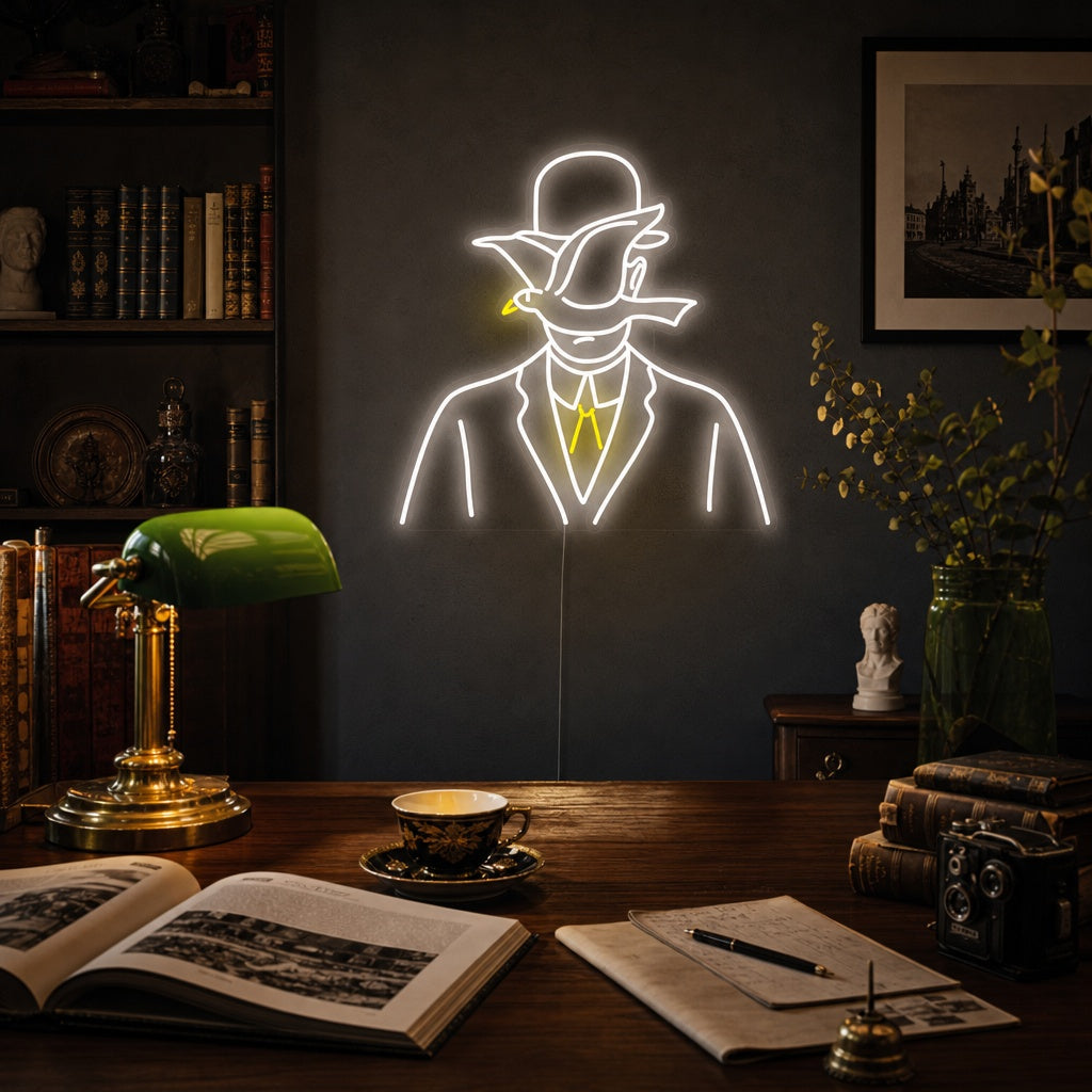 "Mies Keulahattu Päässä, Rene Magritte." Neonkyltti