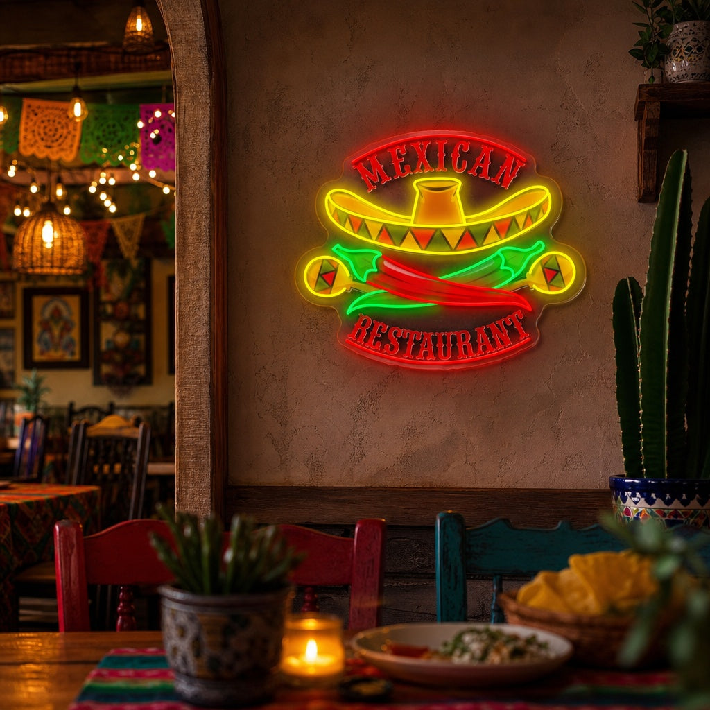 "Meksikolainen ravintola sombrero maracas pippuri" UV-tulostettu LED-neonkyltti