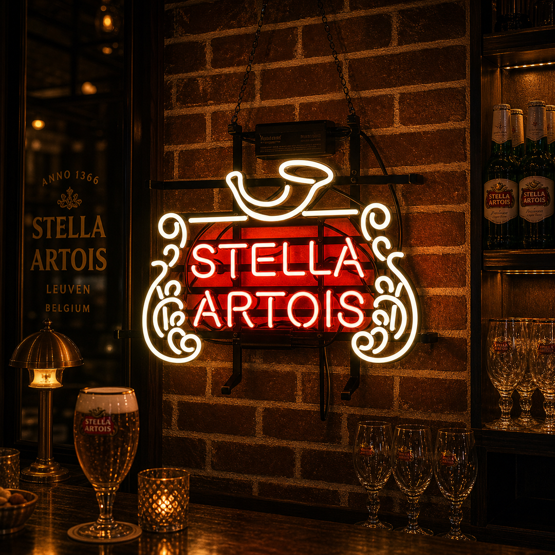 "Uusi Stella Artois Belgialainen Lager-Olut" Neonkyltti