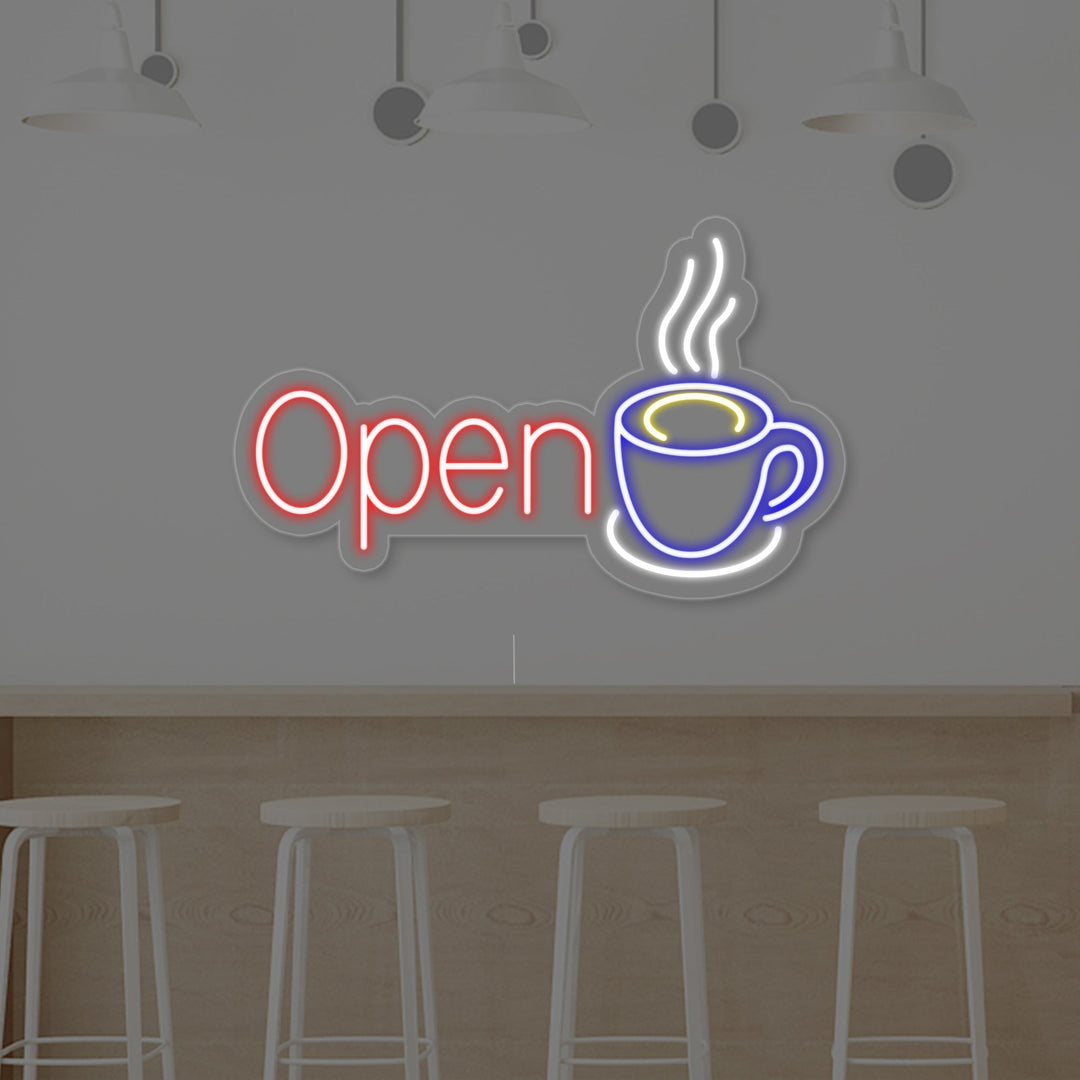 "Open, Kahvikuppi" Neonkyltti