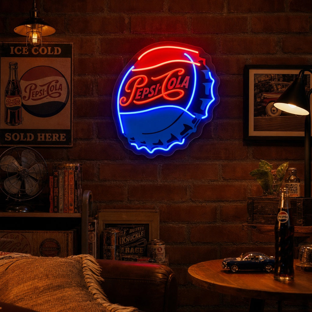 "PEP COLA PULUKOKSET" UV-tulostettu LED-neonkyltti