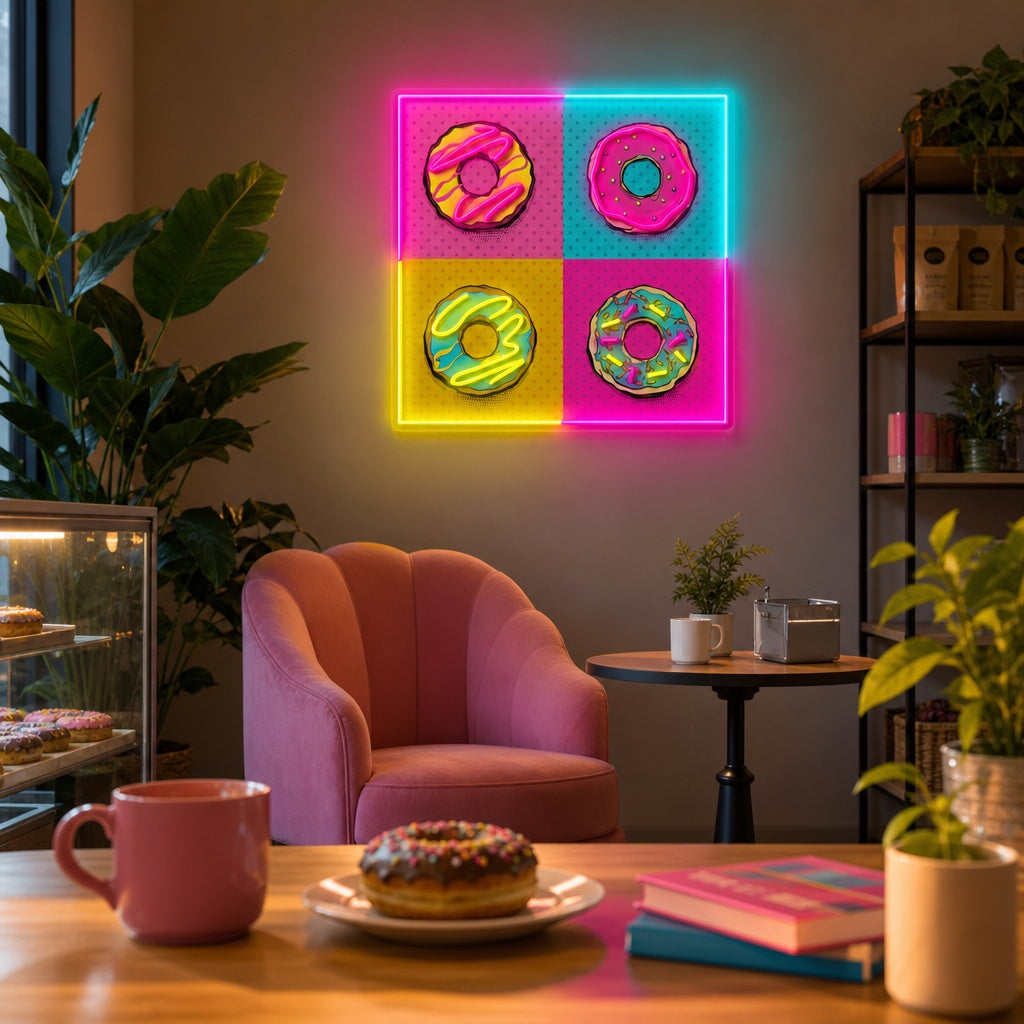 "Vaaleanpunaiset siniset munkkeja pop -taidetta" UV-tulostettu LED-neonkyltti