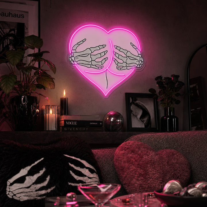 "Vaaleanpunainen sydän pusku halaa luuranko käsiä" UV-tulostettu LED-neonkyltti