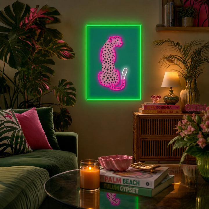 "Vaaleanpunainen leopardi afrikkalainen cheetah trooppinen pop -taide" UV-tulostettu LED-neonkyltti