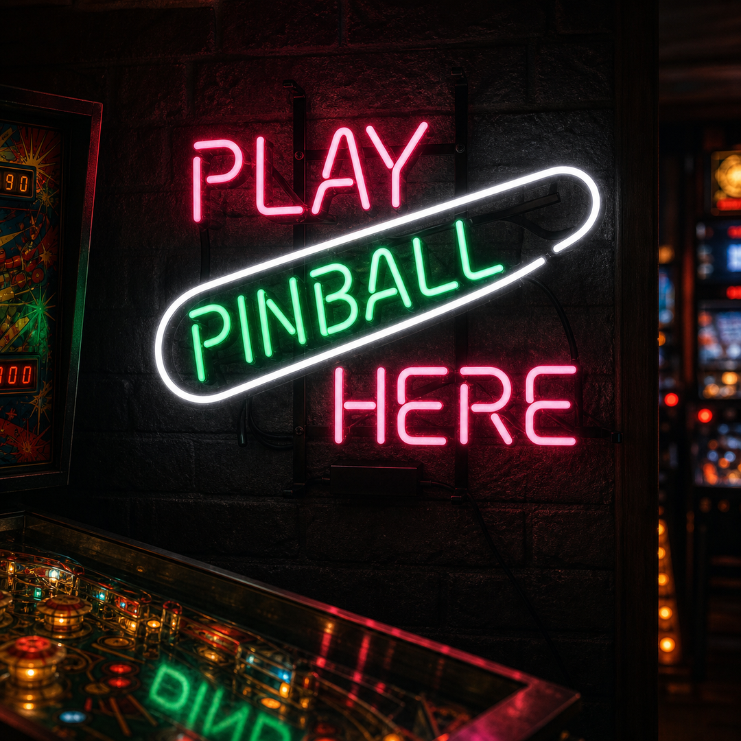 "Play Pinball Here, Pelihuone" Neonkyltti