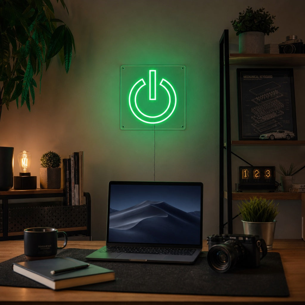 "Power Button, Pelihuoneen Sisustus" Neonkyltti
