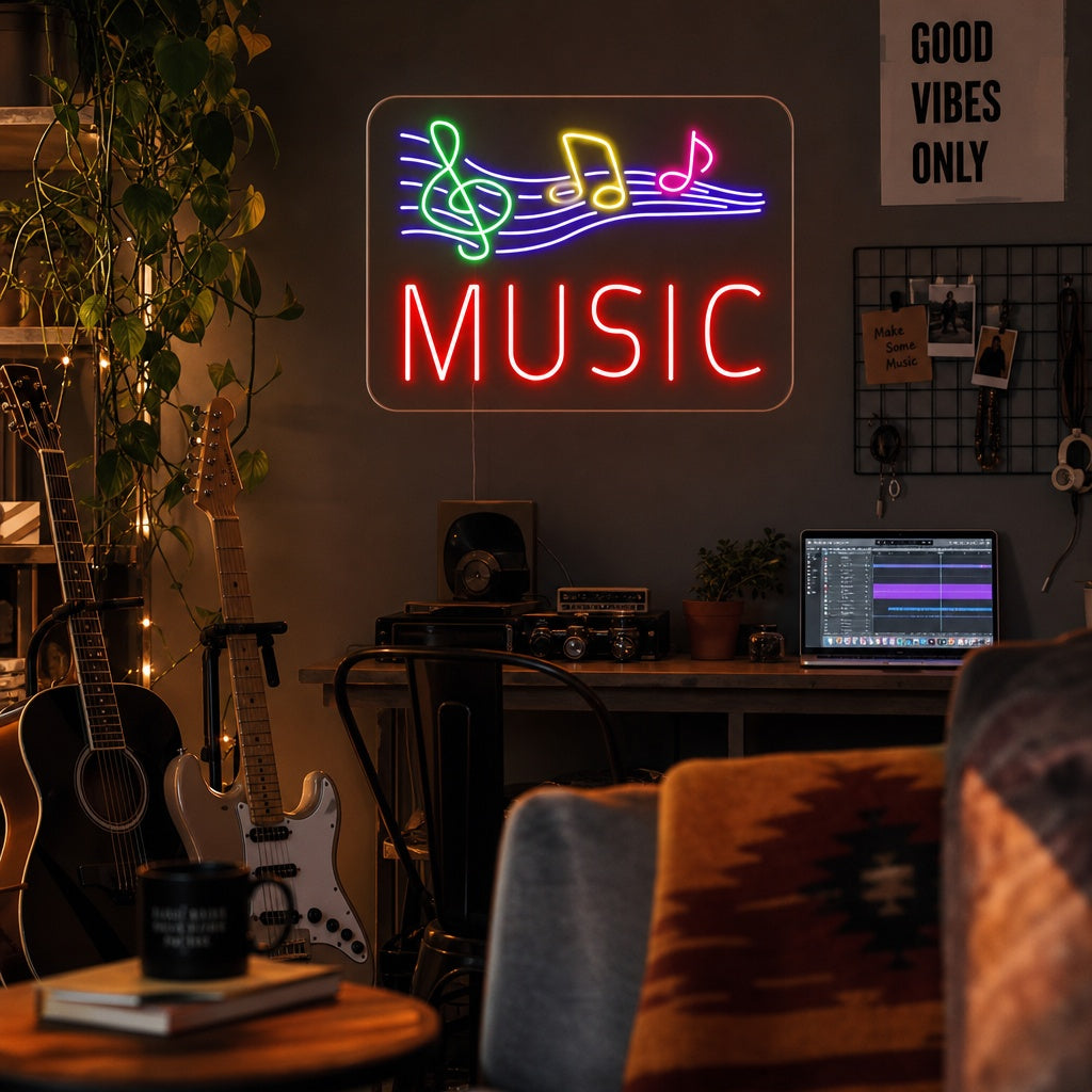 "Music, Nuotteja" Neonkyltti