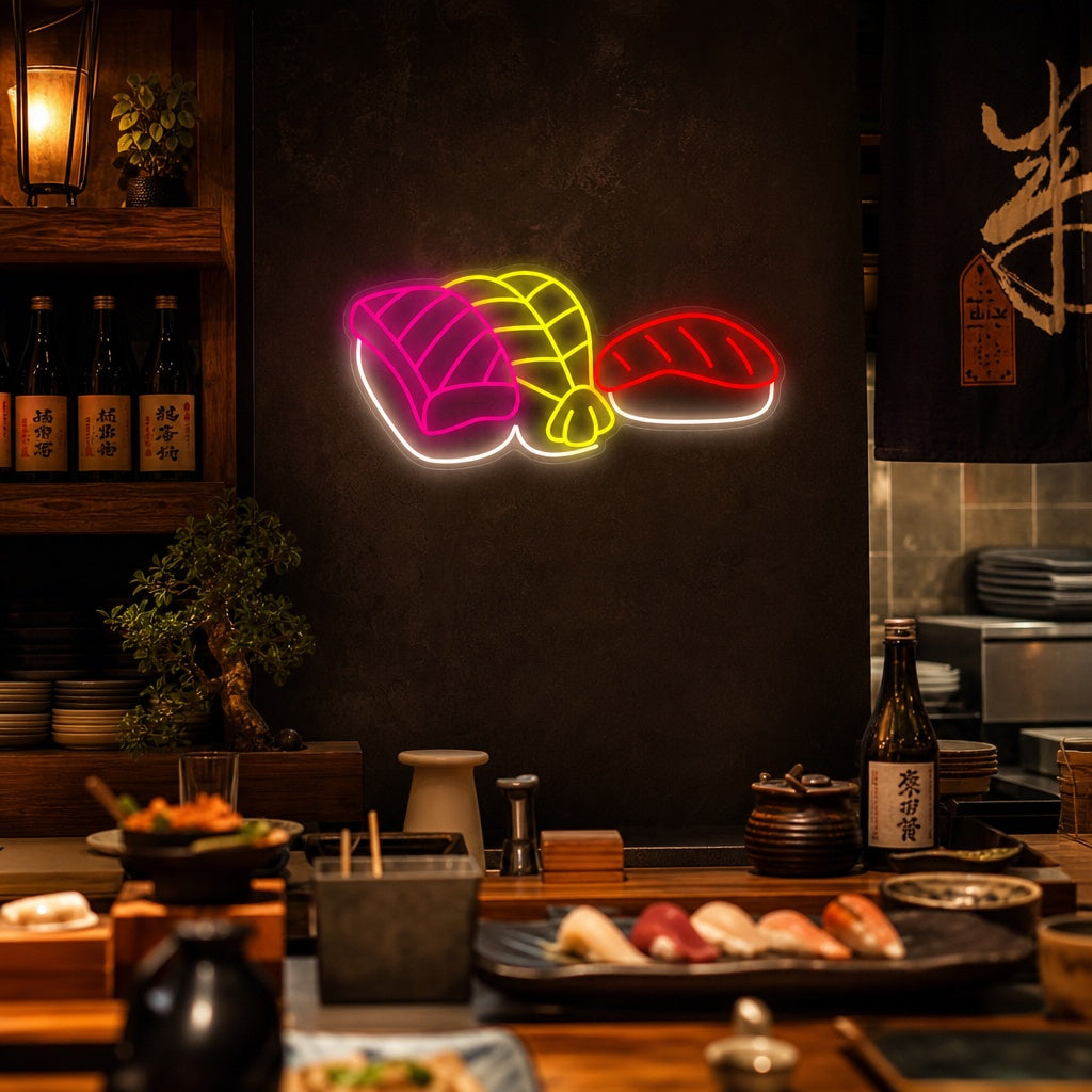 Katkarapu-lohi-sushi Neonkyltti, Japanilainen ravintola sisustus