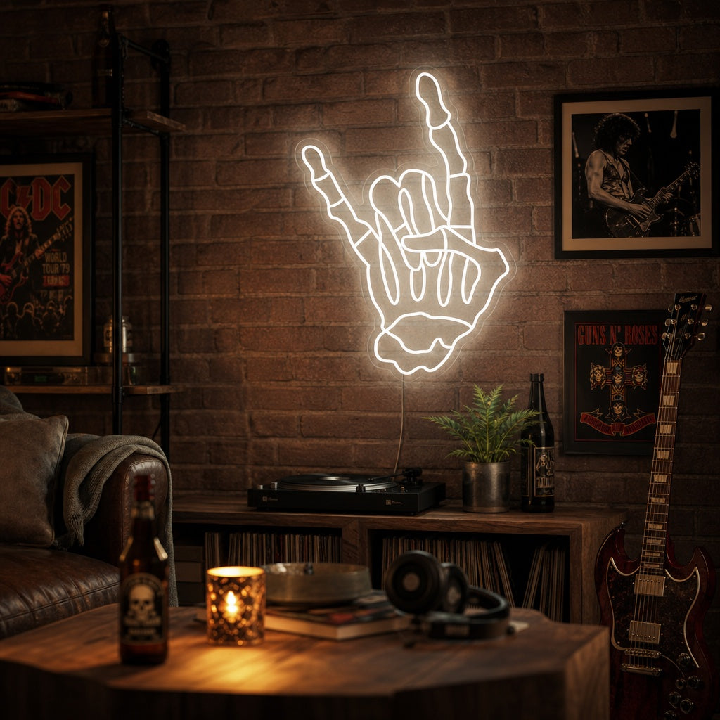 "Luuranko Pää Käsi Tekee Rock And Roll Eleen" Neonkyltti