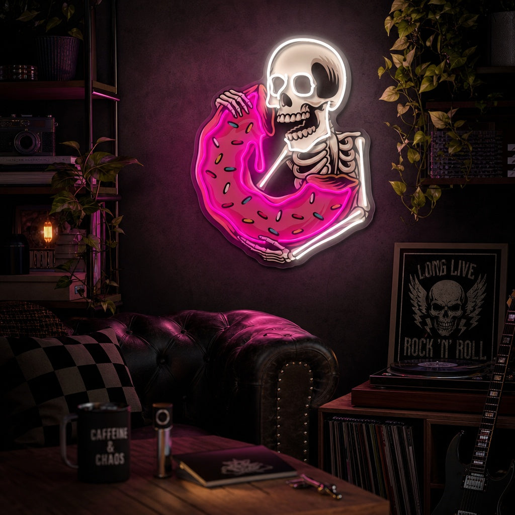 "Kallo syö herkullista munkkia" UV-tulostettu LED-neonkyltti