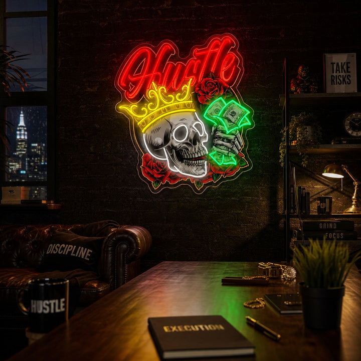 "Kallo Crown Roses Skeleton käsin pitämällä dollarin seteleitä" UV-tulostettu LED-neonkyltti
