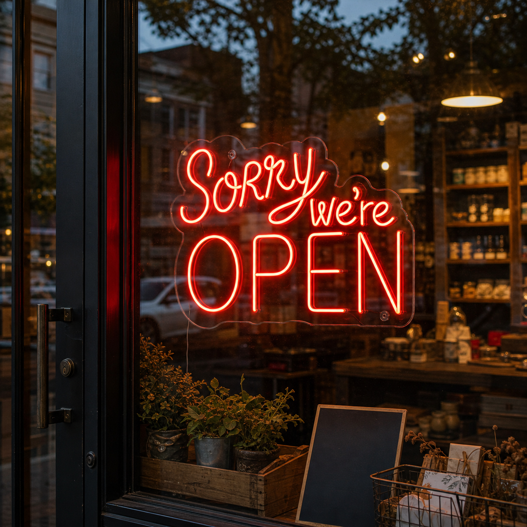 "Sorry We Are Open" Neonkyltti