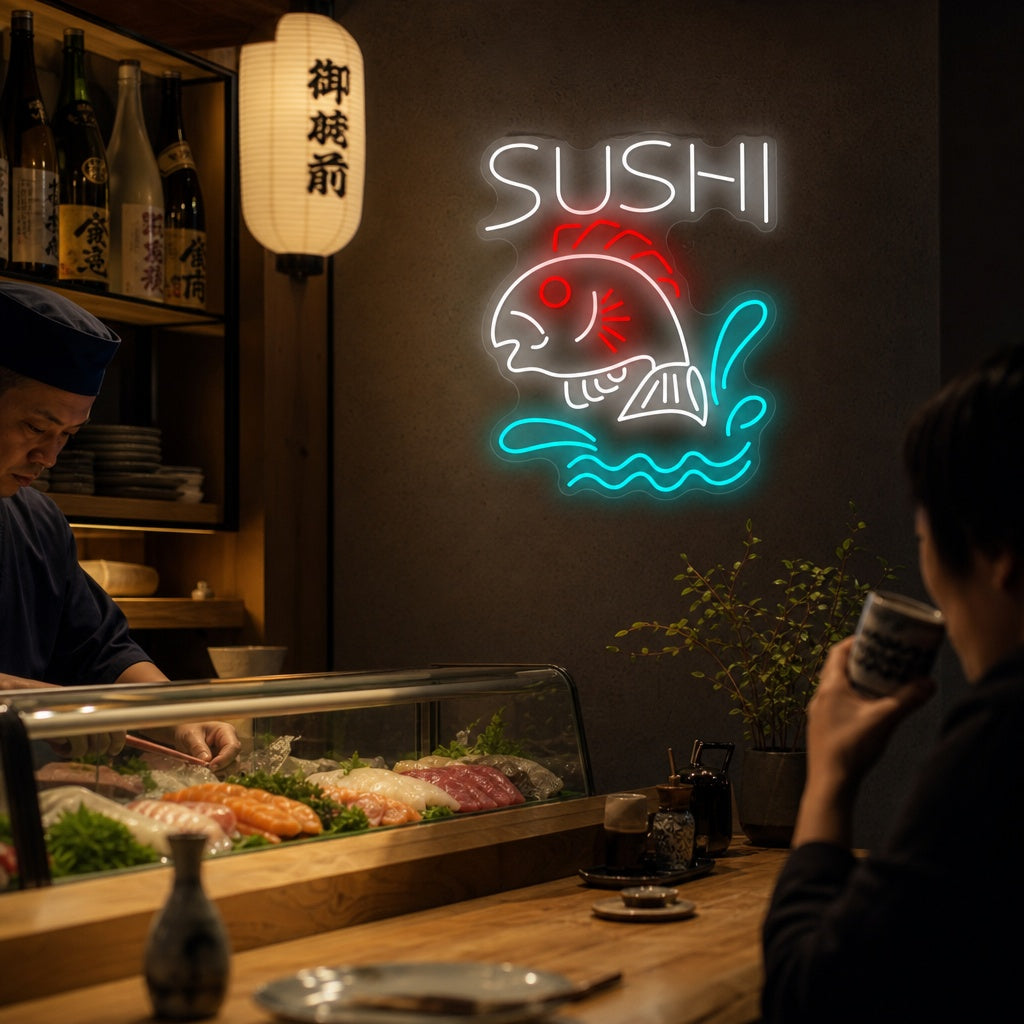 Sushi kalakauppa Neonkyltti, Japanilainen ravintola sisustus