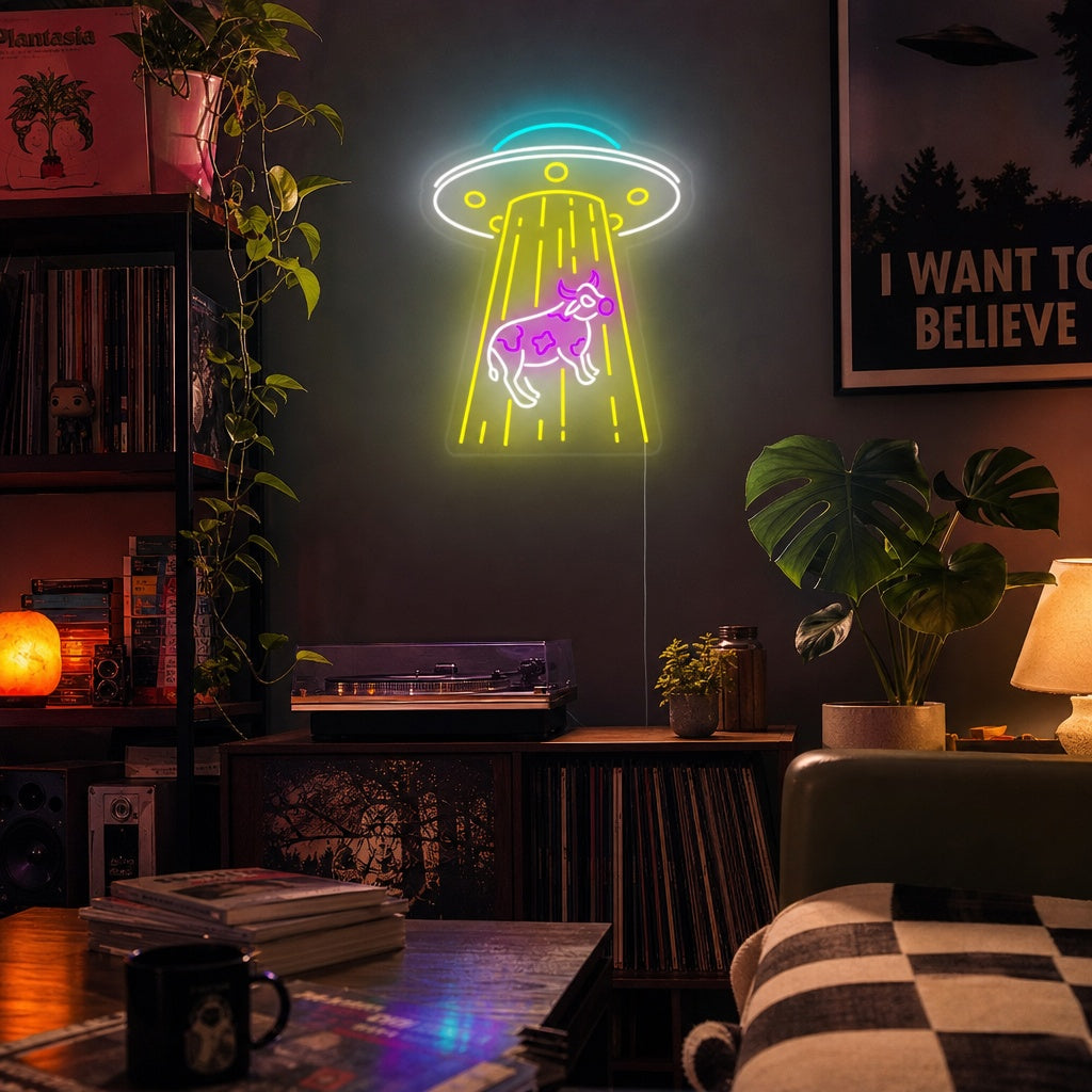 "UFO Sieppaa Lehmän" Neonkyltti