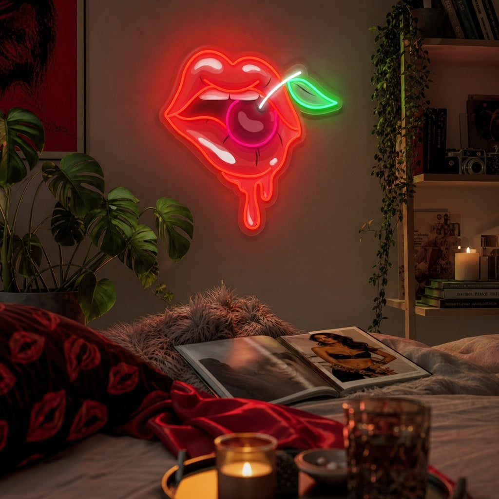 "Nainen huulet kirsikka" UV-tulostettu LED-neonkyltti