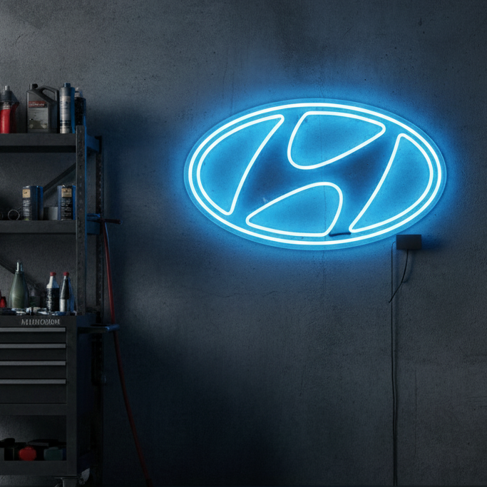 Blue Hyundai oval logo neon sign, great for car showrooms and home garages.