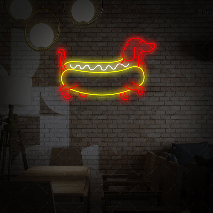 "Mäyräkoira Hotdog" Neonkyltti