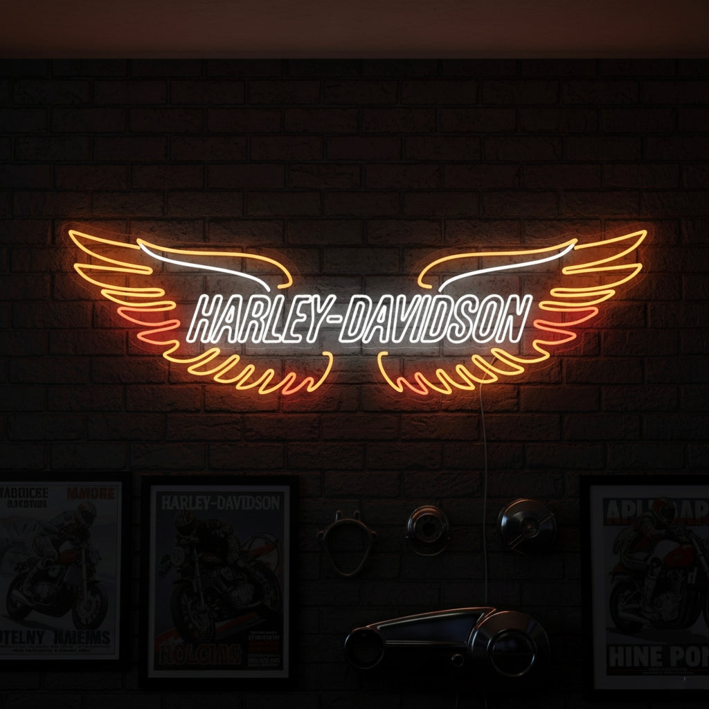 Neon sign featuring the Harley-Davidson logo with orange wings, great for biker bars, garages, and motorcycle fans.