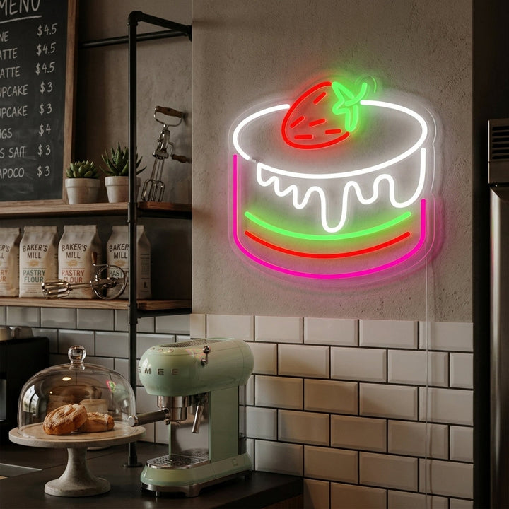 "Mansikka Kakku Kahvila Leipomo" Neonkyltti