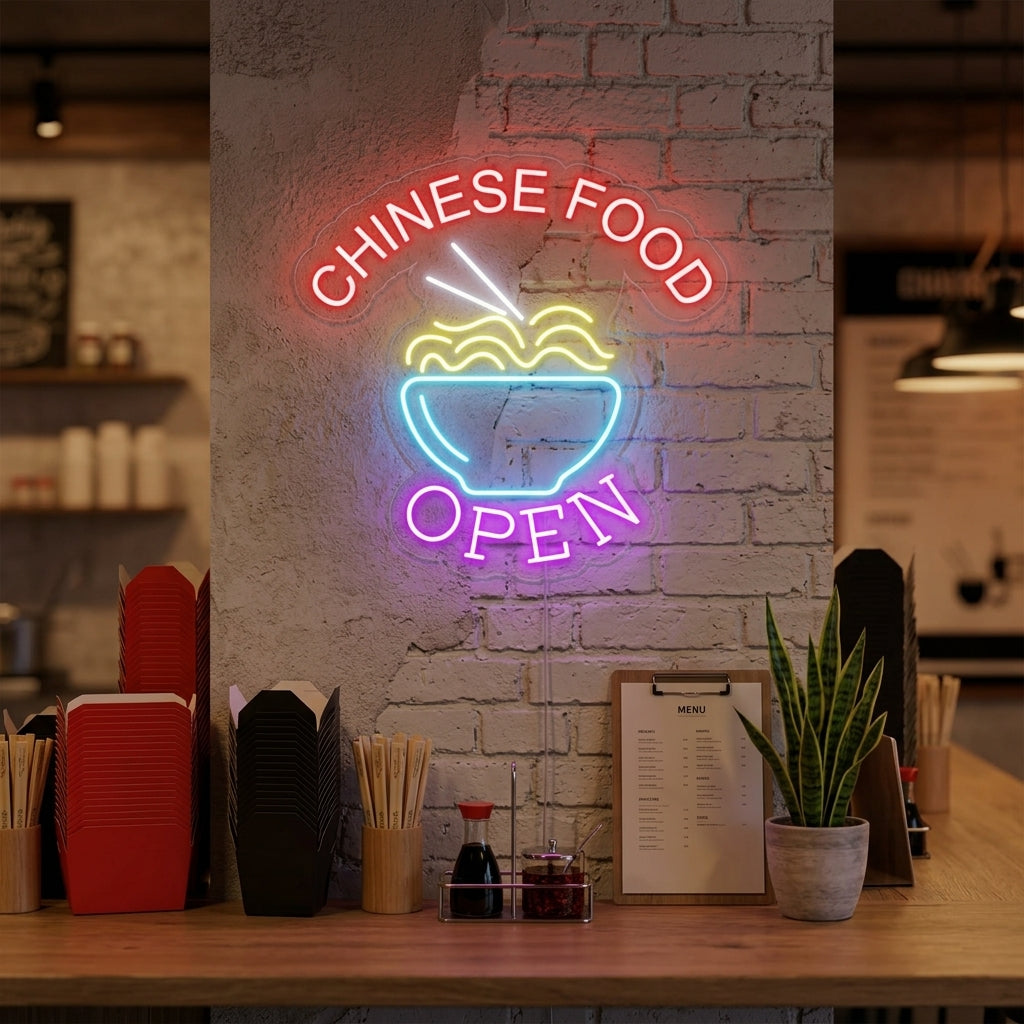 "Chinese Food Open, Nuudelit" Neonkyltti