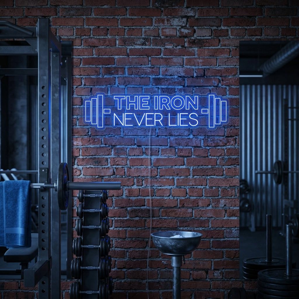 "The Iron Never Lies, Kuntosali Sisustus, Kuntosali Lainauksia, Fitness Lainauksia, Workout Lainauksia" Neonkyltti