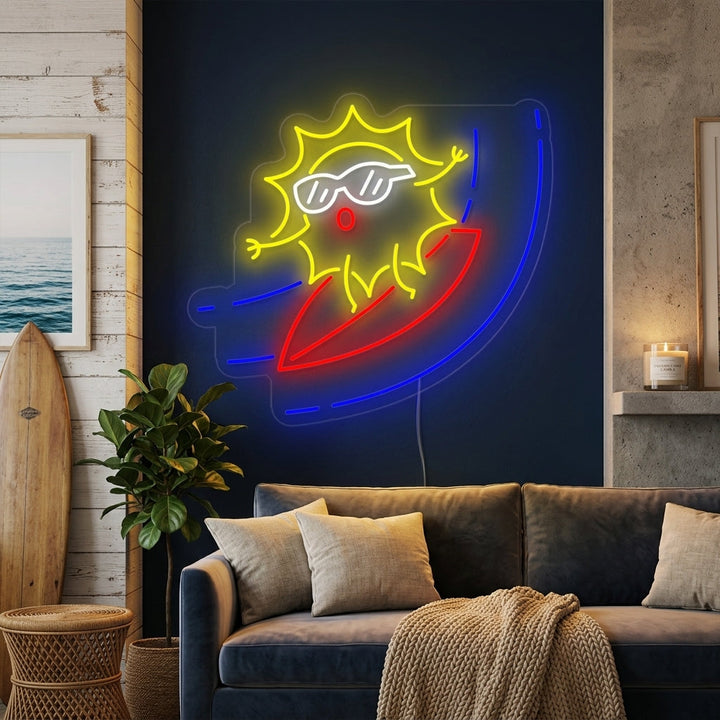 "Sarjakuva Aurinko Surffilaudalla" Neonkyltti