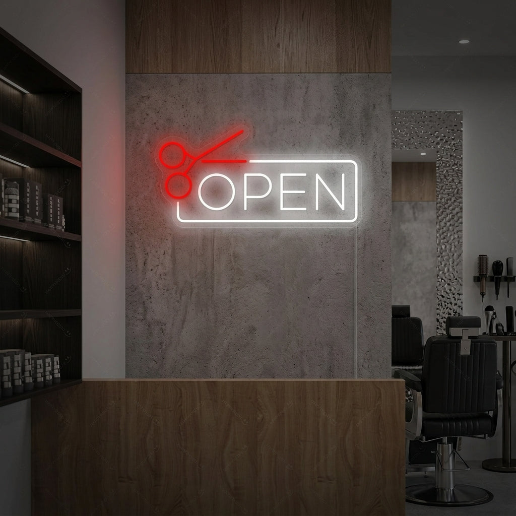 "Barbershop open" Neonkyltti