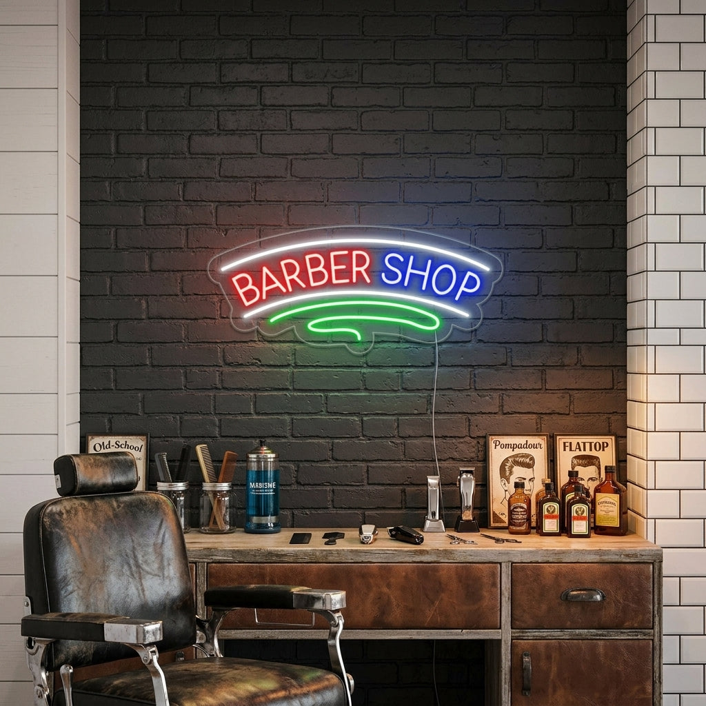 "Hiusleikkaus, Barber Shop" Neonkyltti